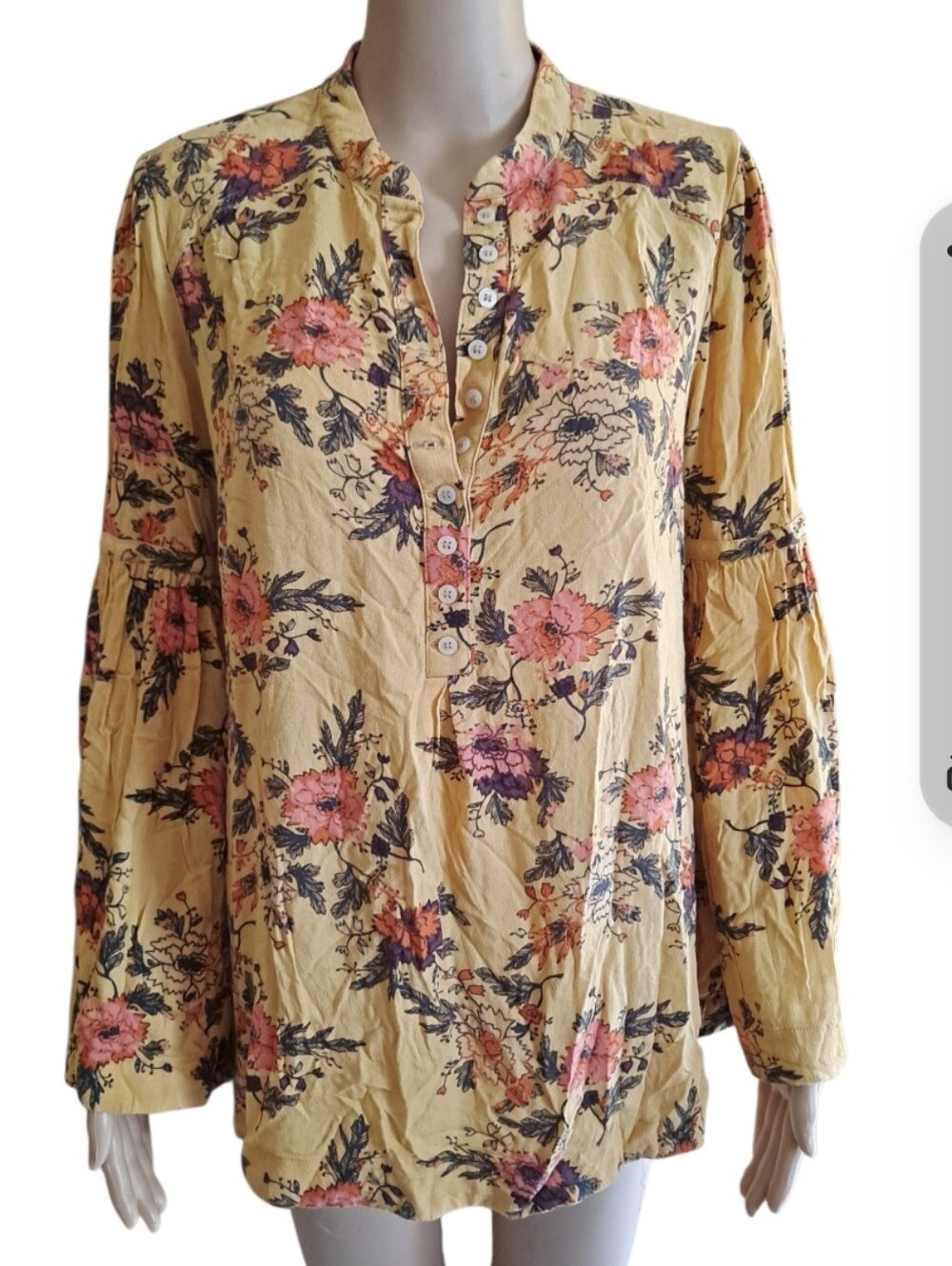 Free People Mustard Floral Button-Down Blouse with Bell Sleeves